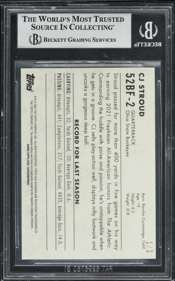 2022 Bowman Chrome University '52 Superfractor Cj Stroud 1/1 #52BF2 BGS 8.5