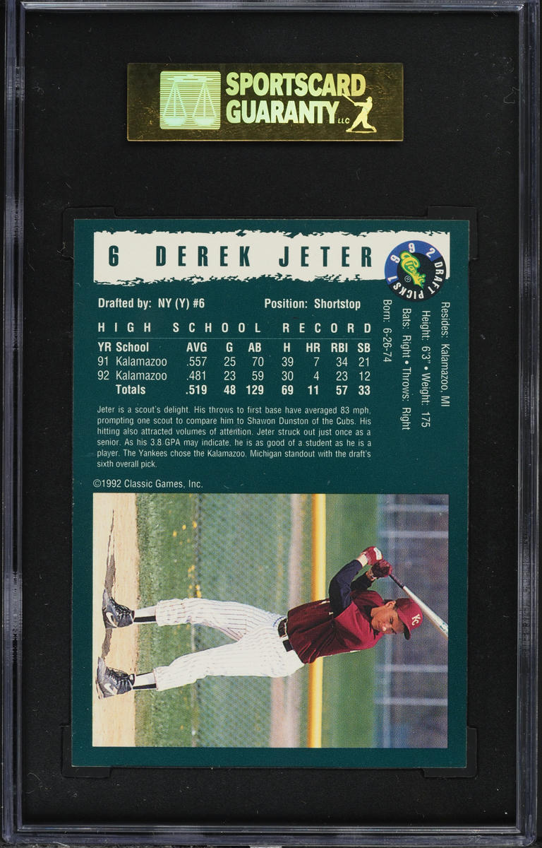 1992 Classic Draft Picks Derek Jeter ROOKIE #6 SGC 8.5 NM-MT+