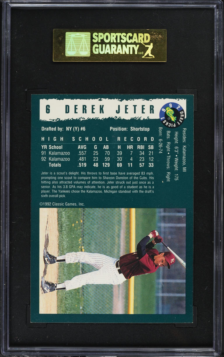1992 Classic Draft Picks Derek Jeter ROOKIE #6 SGC 9 MINT