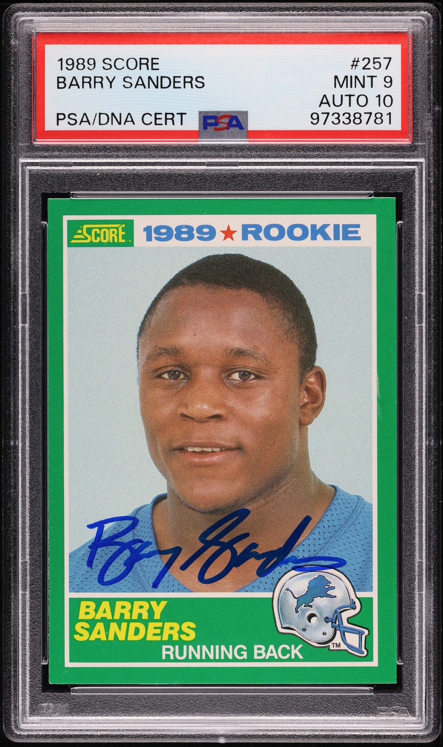 1989 Score Football Barry Sanders ROOKIE AUTO DNA 10 #257 PSA 9 MINT