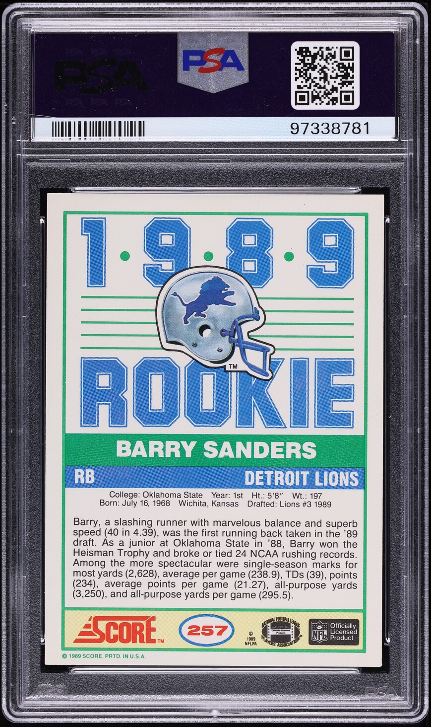 1989 Score Football Barry Sanders ROOKIE AUTO DNA 10 #257 PSA 9 MINT
