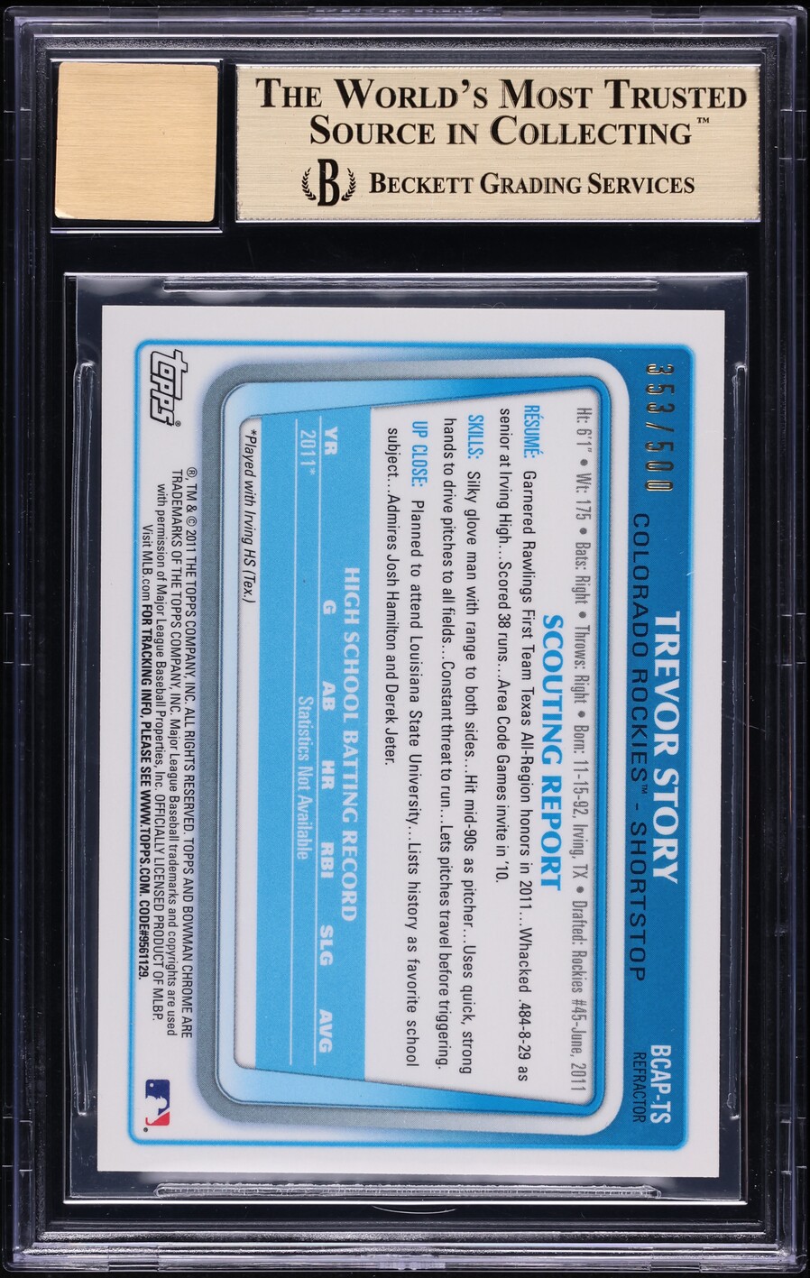 2011 Bowman Chrome Refractor Trevor Story PROSPECT AUTO /500 #TS BGS 9.5 GEM