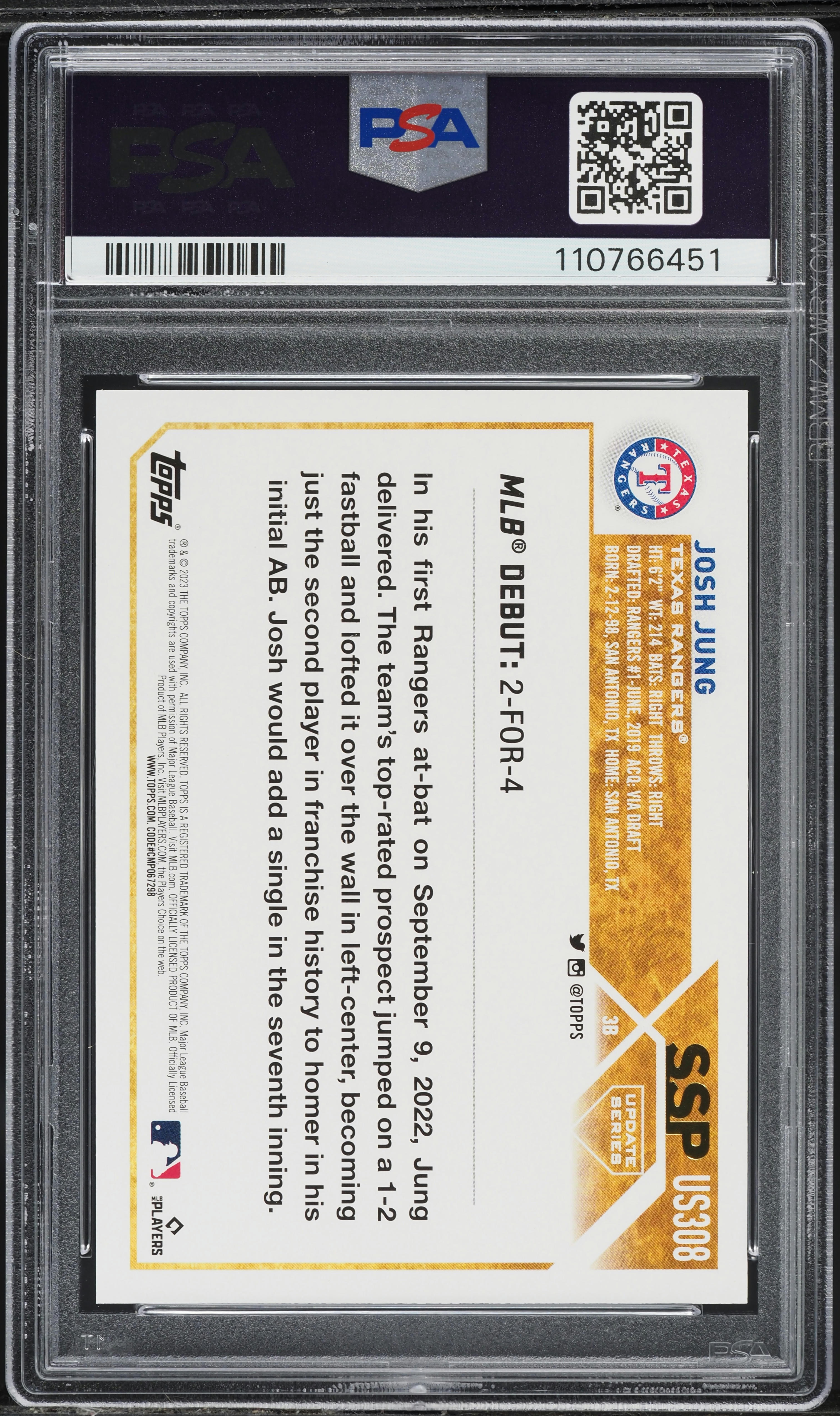 Josh Jung ~ 2023 Topps Holiday ~ Candy Cane Bat Rookie Short Print SP SSP