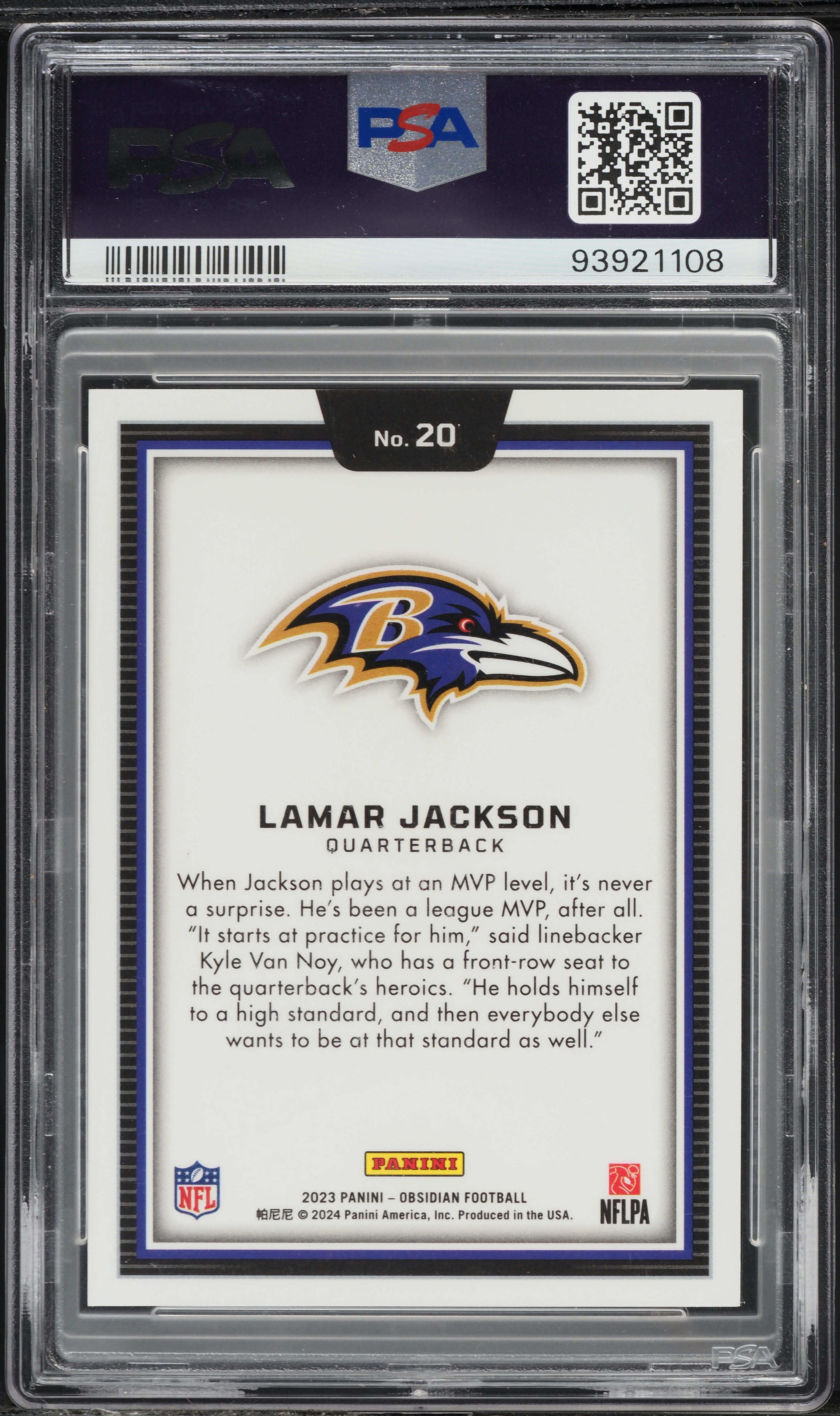 2023 Panini Obsidian Black Colorblast Lamar Jackson #20 PSA 9 MINT