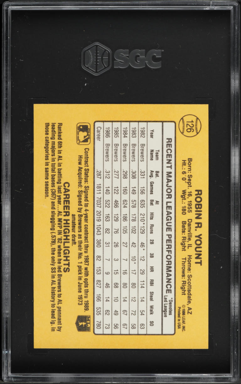 1987 Donruss Robin Yount #126 SGC 8 NM-MT
