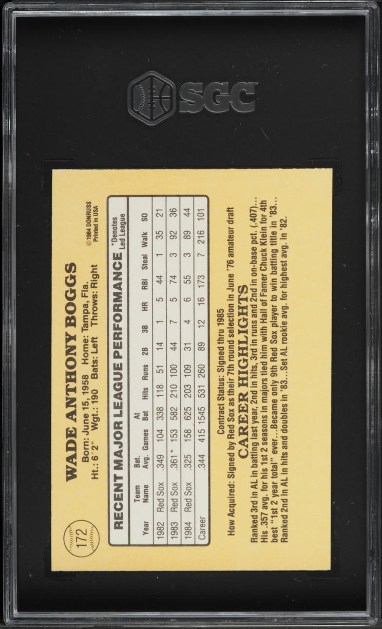 1985 Donruss Wade Boggs #172 SGC 8 NM-MT