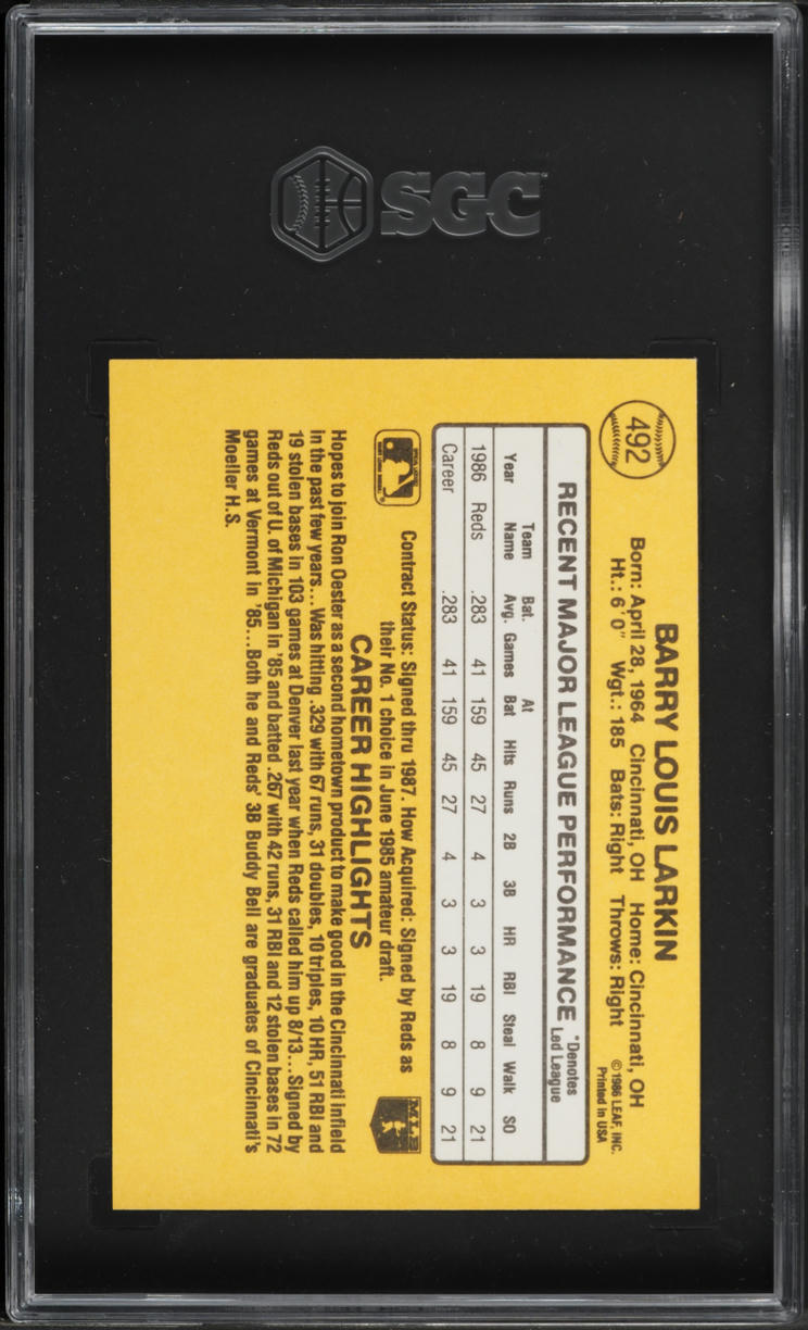 1987 Donruss Barry Larkin ROOKIE #492 SGC 8.5 NM-MT+