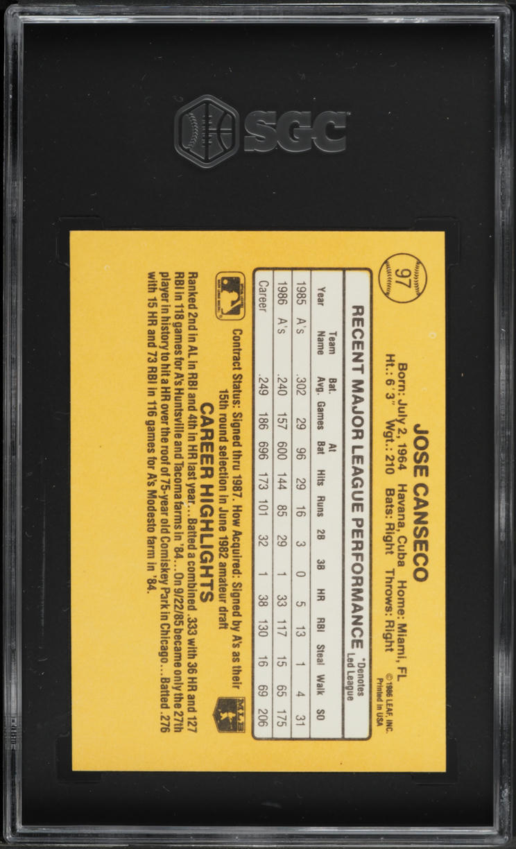 1987 Donruss Jose Canseco ROOKIE #97 SGC 7 NRMT