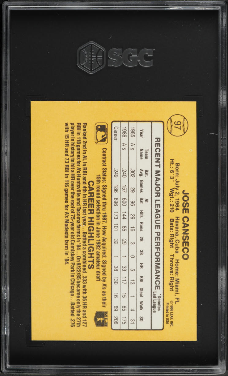 1987 Donruss Jose Canseco ROOKIE #97 SGC 6 EXMT