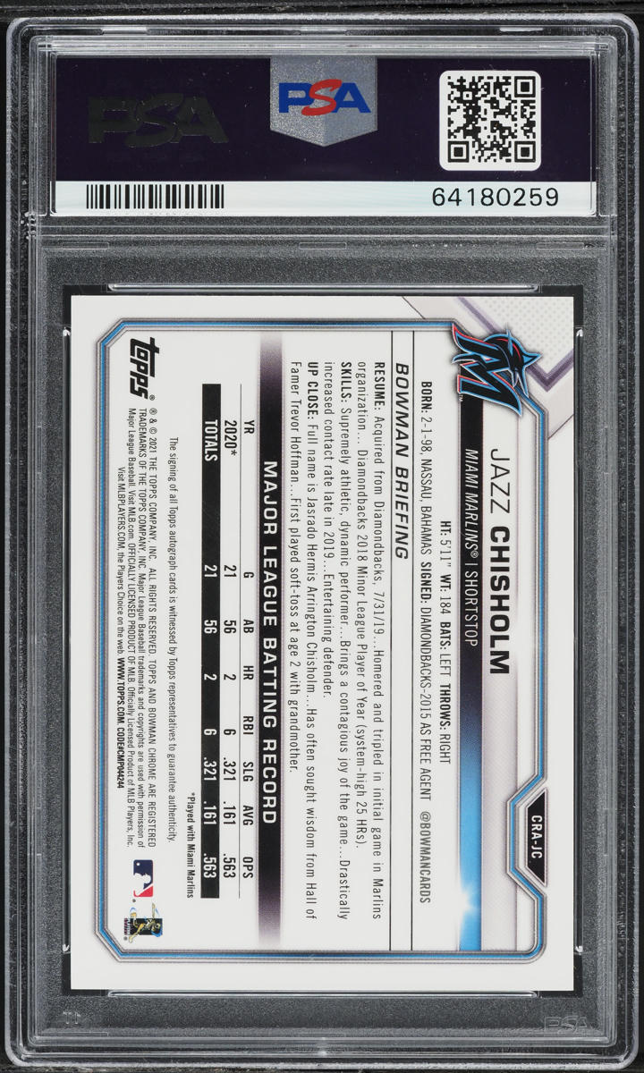 2021 Bowman Chrome Green Refractor Jazz Chisholm ROOKIE AUTO /99 #CRAJC PSA 8