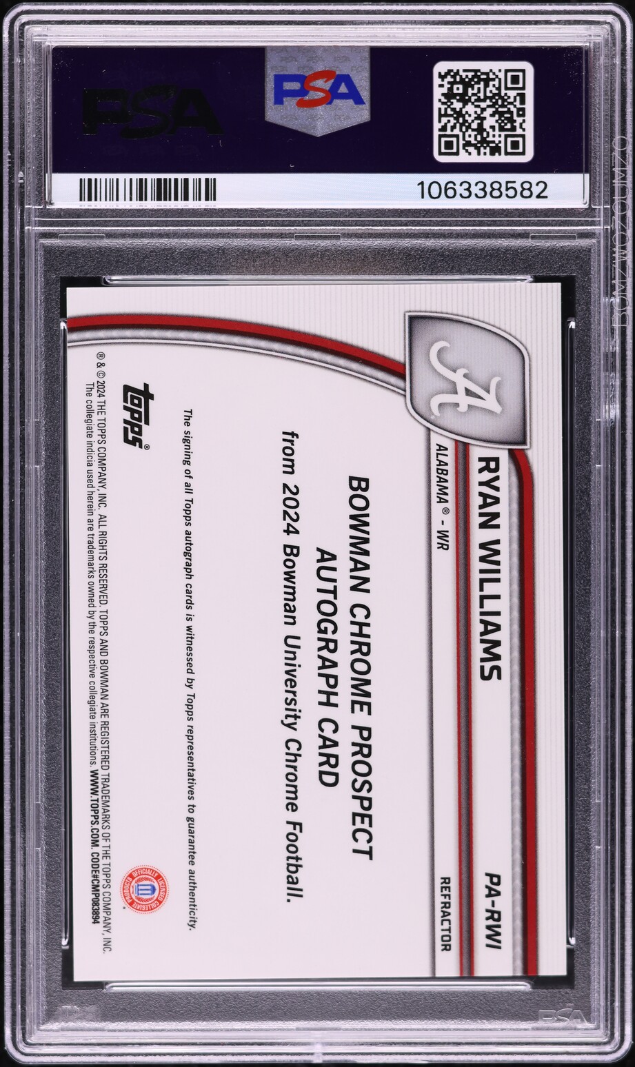 2024 Bowman Chrome University Refractor Ryan Williams ROOKIE AUTO /299 PSA 9