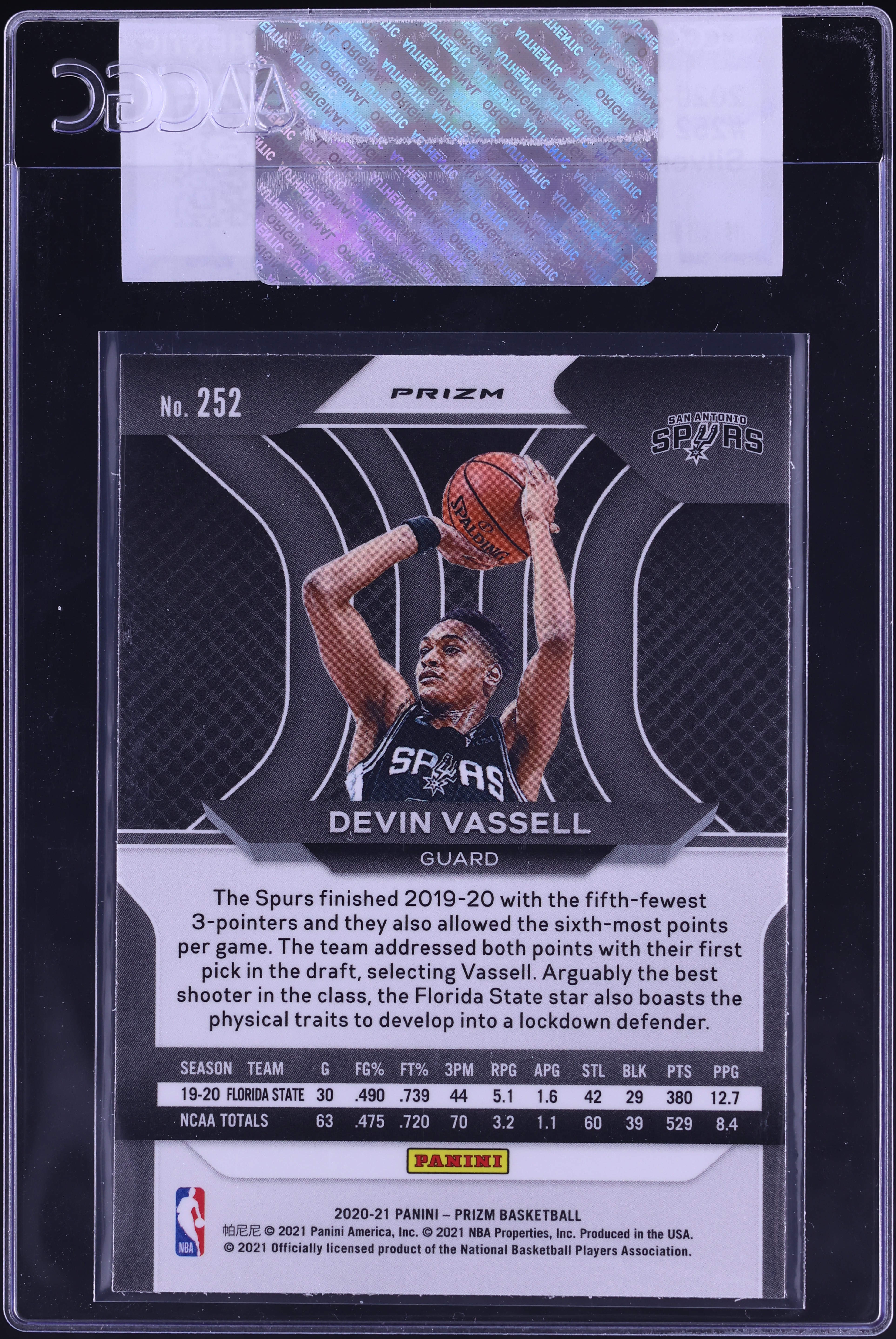 2020 Panini Prizm Silver Devin Vassell ROOKIE #252 CGC AUTH on 