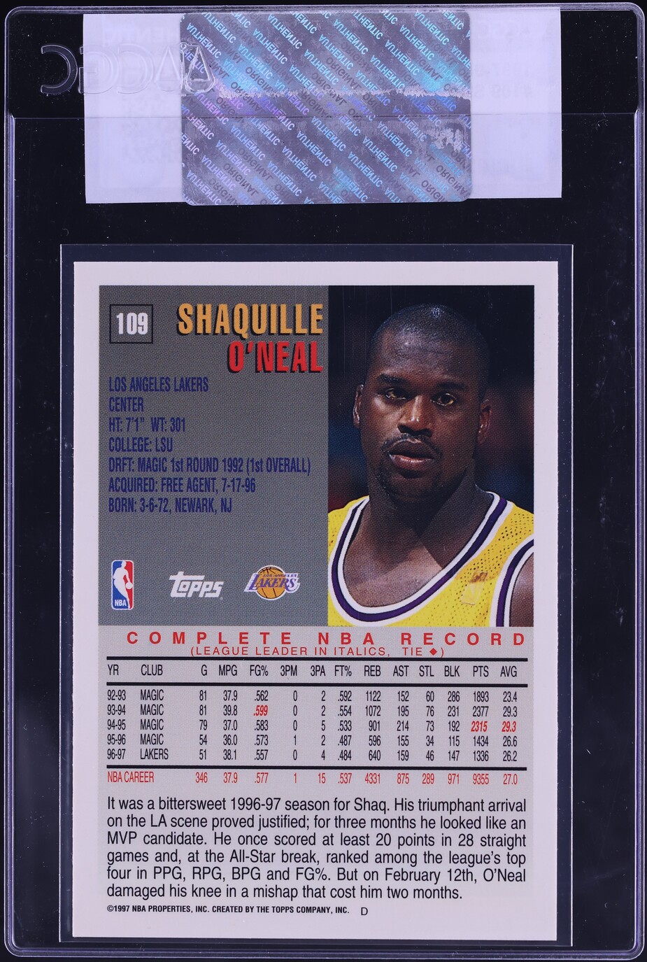 1997 Topps Basketball Shaquille O'Neal #109 CGC AUTH