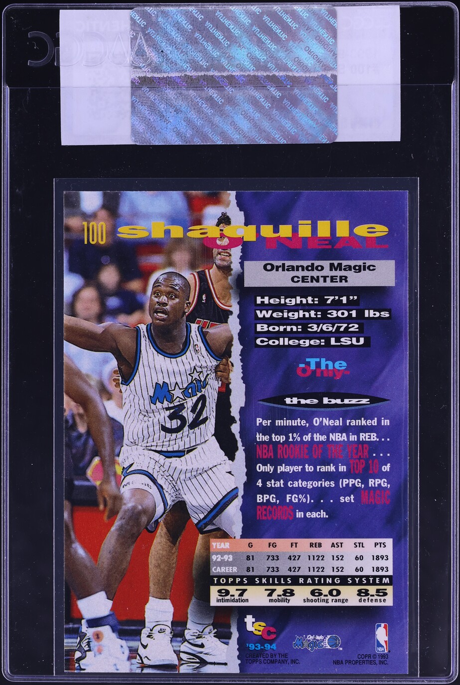 1993 Stadium Club Basketball Shaquille O'Neal #100 CGC AUTH