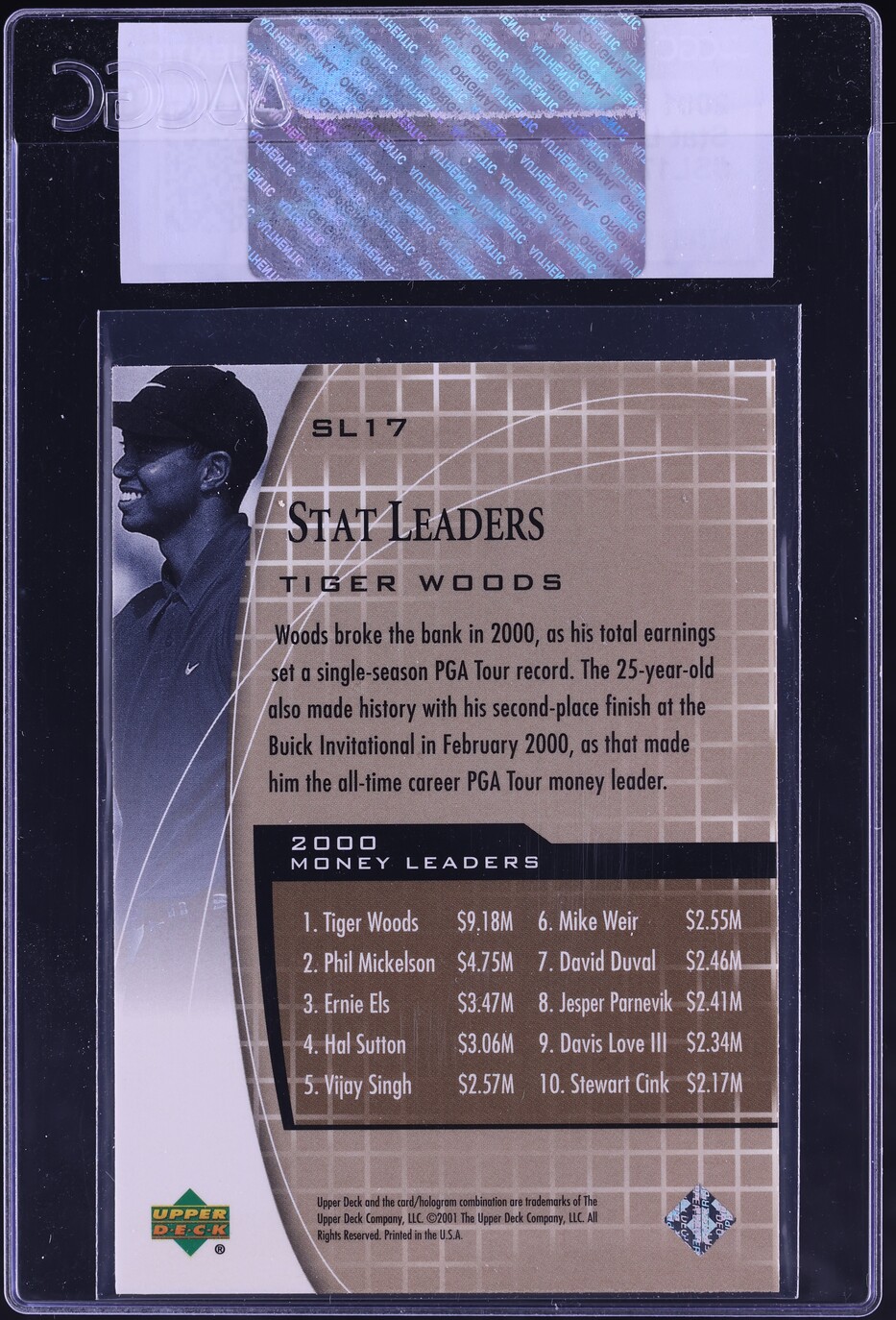 2001 Upper Deck Stat Leaders Tiger Woods ROOKIE #SL17 CGC AUTH