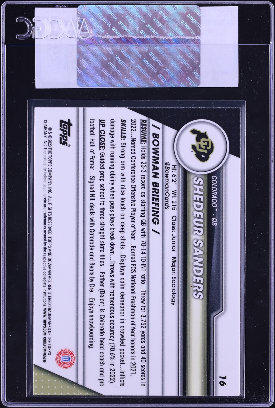 2023 Bowman Chrome University Shedeur Sanders ROOKIE #16 CGC AUTH