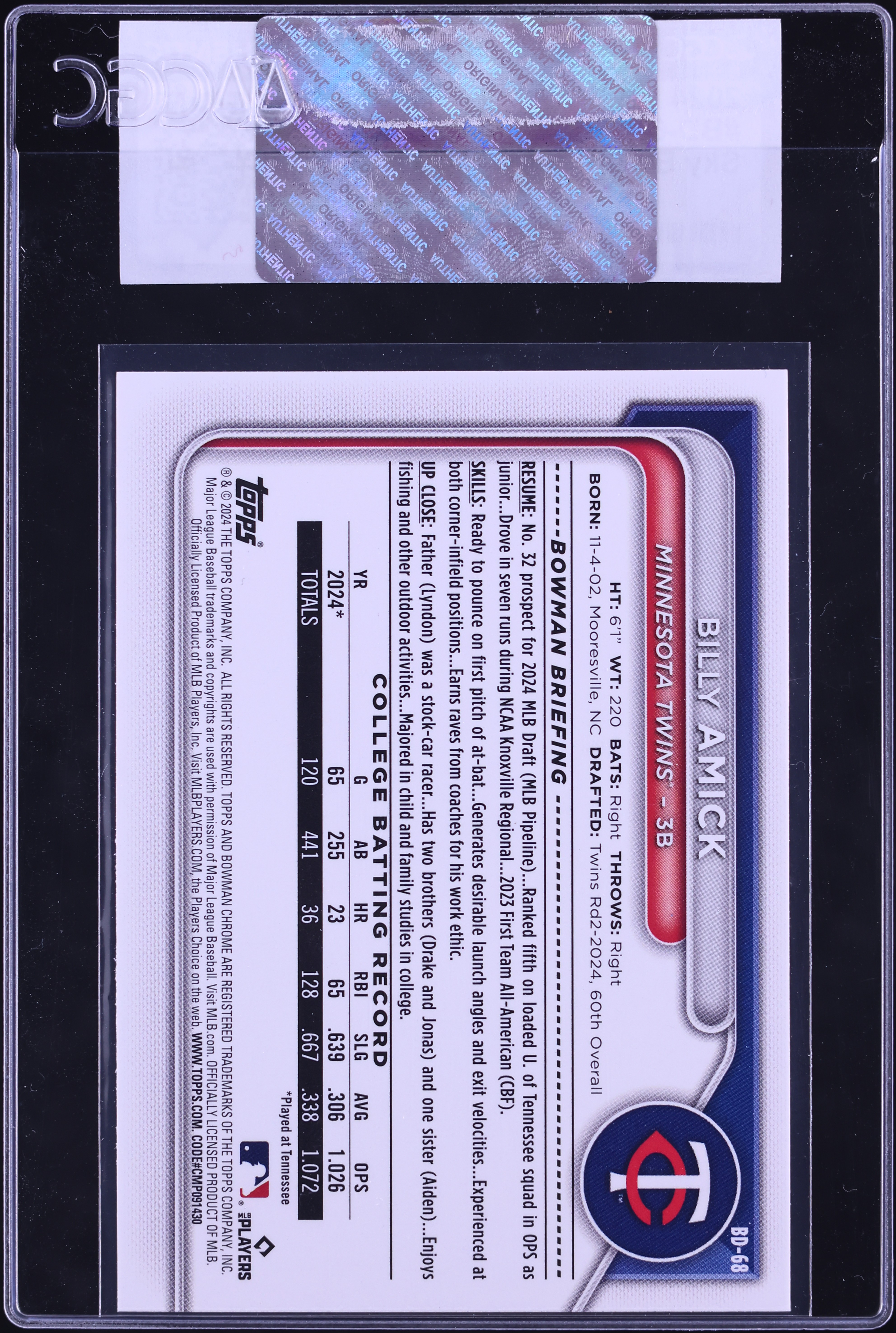 2024 Bowman Draft Sky Blue Billy Amick PROSPECT /499 #BD-68 CGC 
