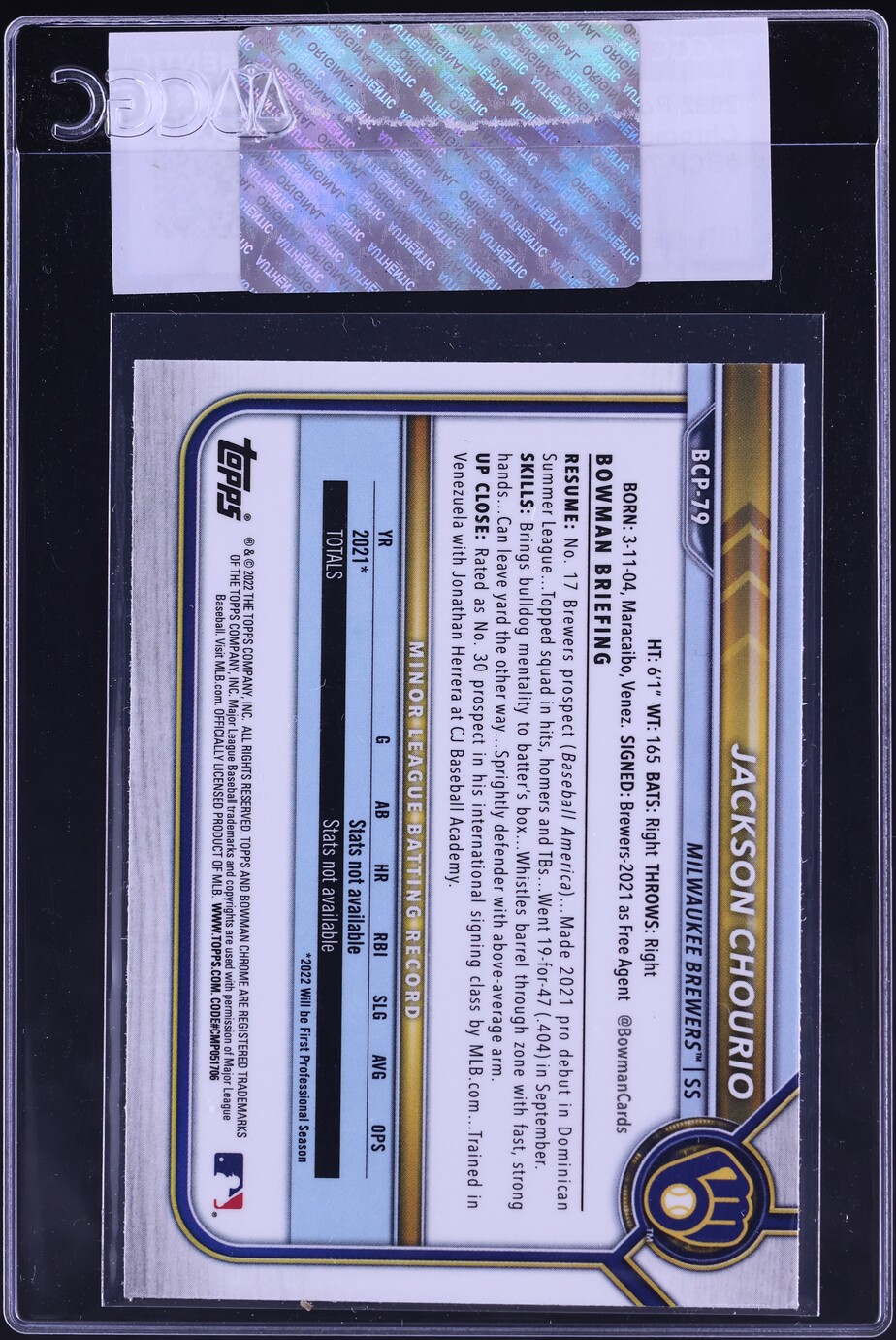 2022 Bowman Chrome Jackson Chourio PROSPECT #BCP-79 CGC AUTH