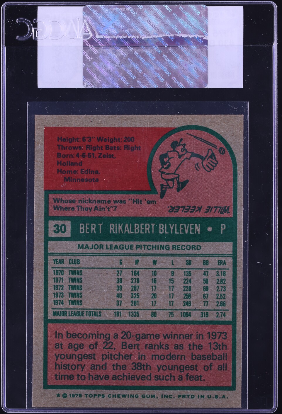 1975 Topps Bert Blyleven #30 CGC AUTH