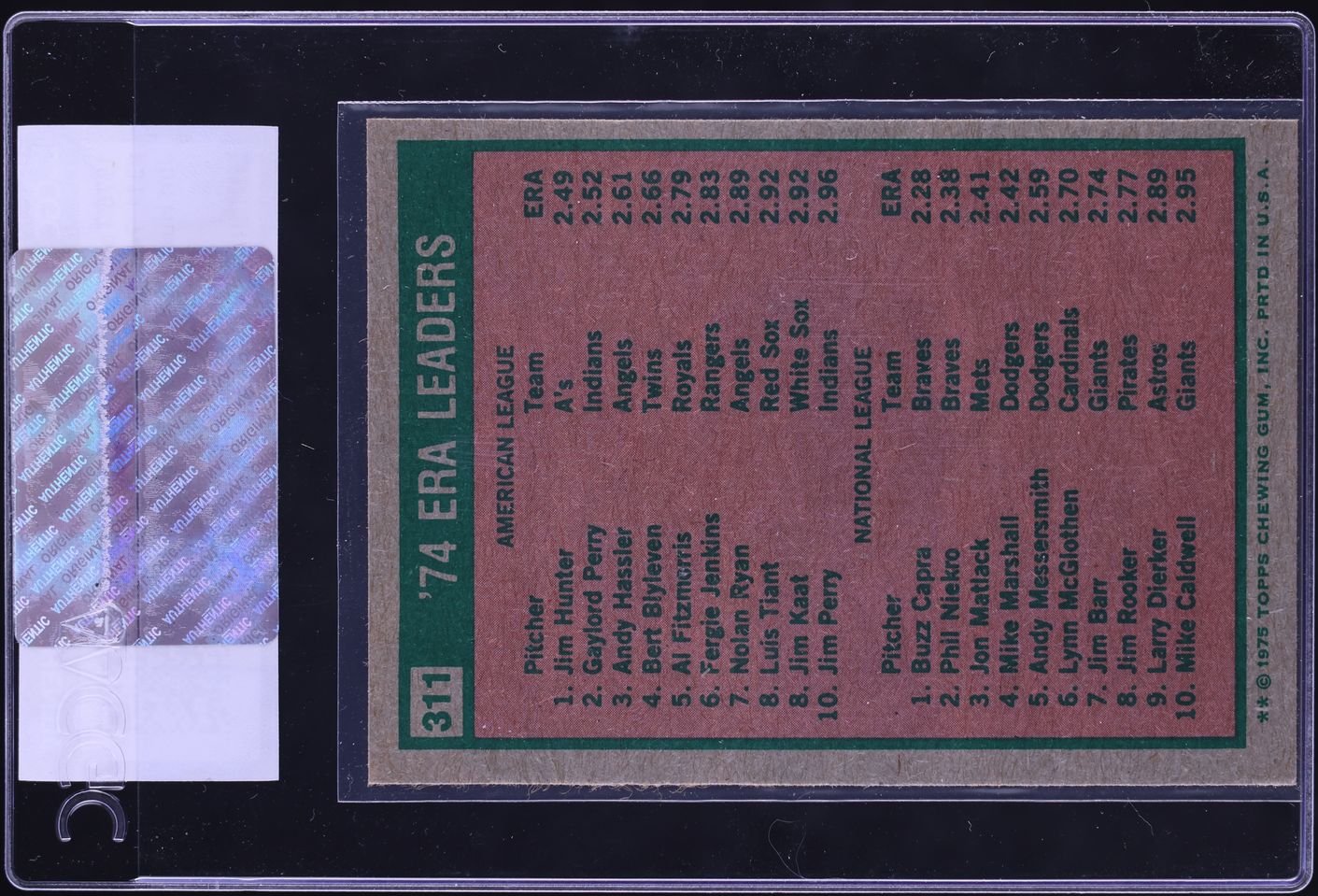 1975 Topps Catfish Hunter Buzz Capra '74 ERA LEADERS #311 CGC AUTH