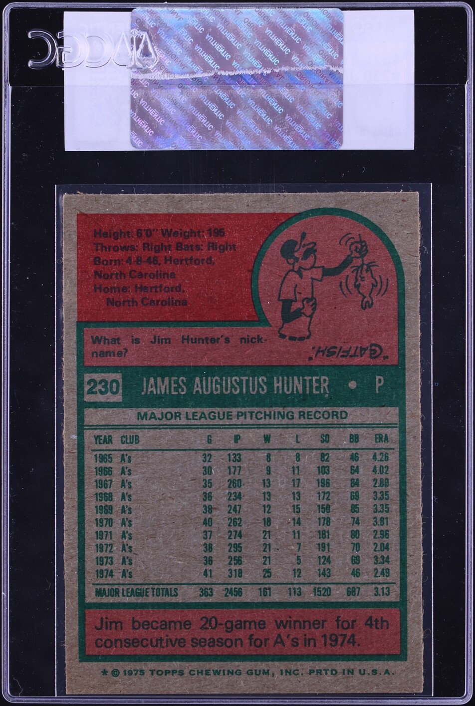1975 Topps Catfish Hunter #230 CGC AUTH