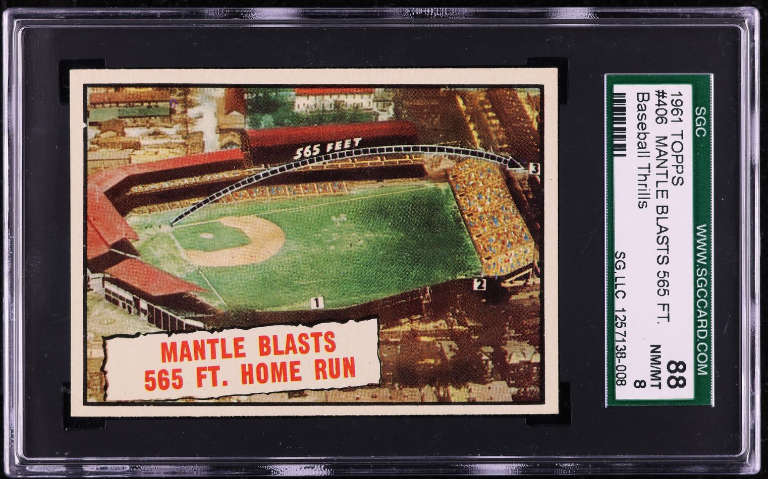1961 Topps Mickey Mantle BLASTS 565 FT. HOME RUN #406 SGC 8 NM-MT