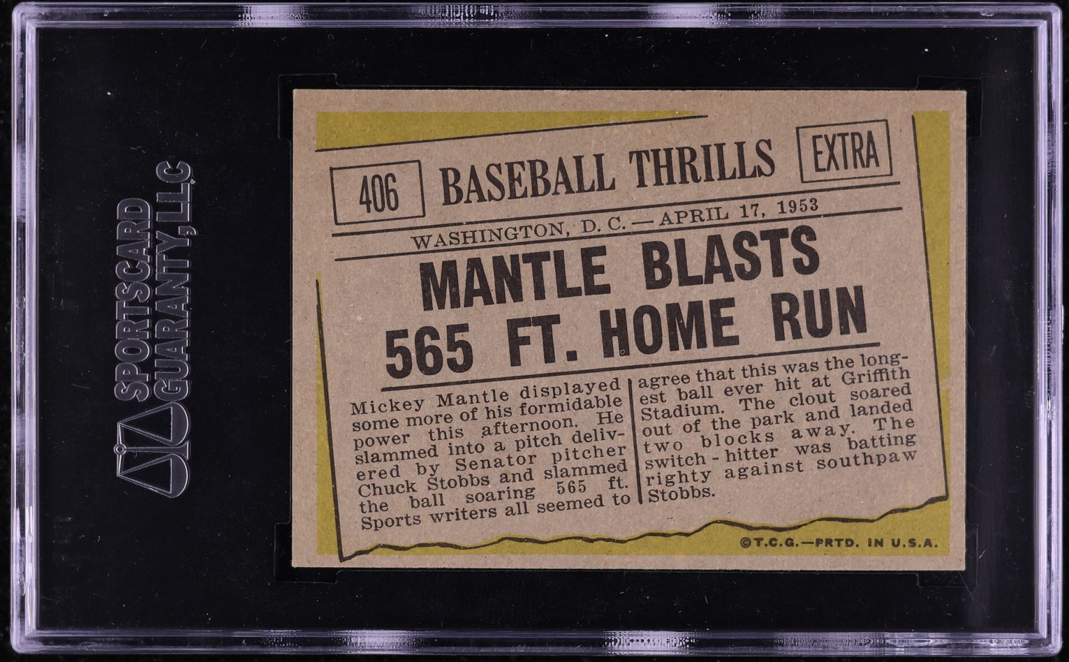 1961 Topps Mickey Mantle BLASTS 565 FT. HOME RUN #406 SGC 8 NM-MT