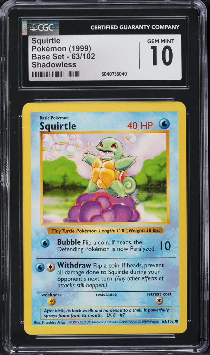 1999 Pokemon Base Set Shadowless Squirtle #63 CGC 10 GEM MINT on