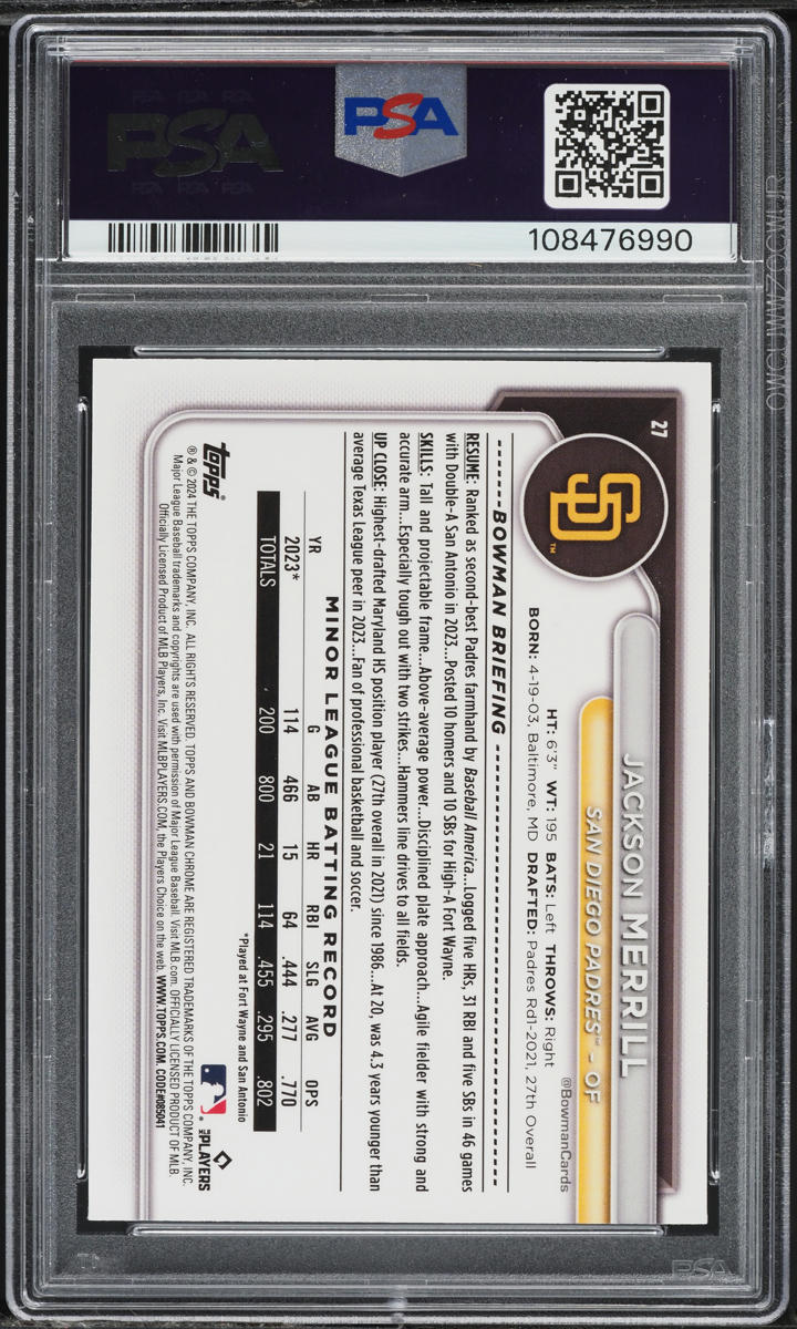 2024 Bowman Chrome Jackson Merrill ROOKIE #27 PSA 10 GEM MINT