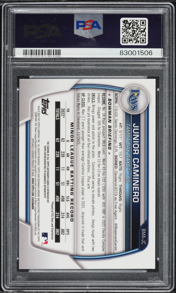 2023 Bowman Chrome Mega Box Junior Caminero PROSPECT AUTO #BMA-JC PSA 10 GEM