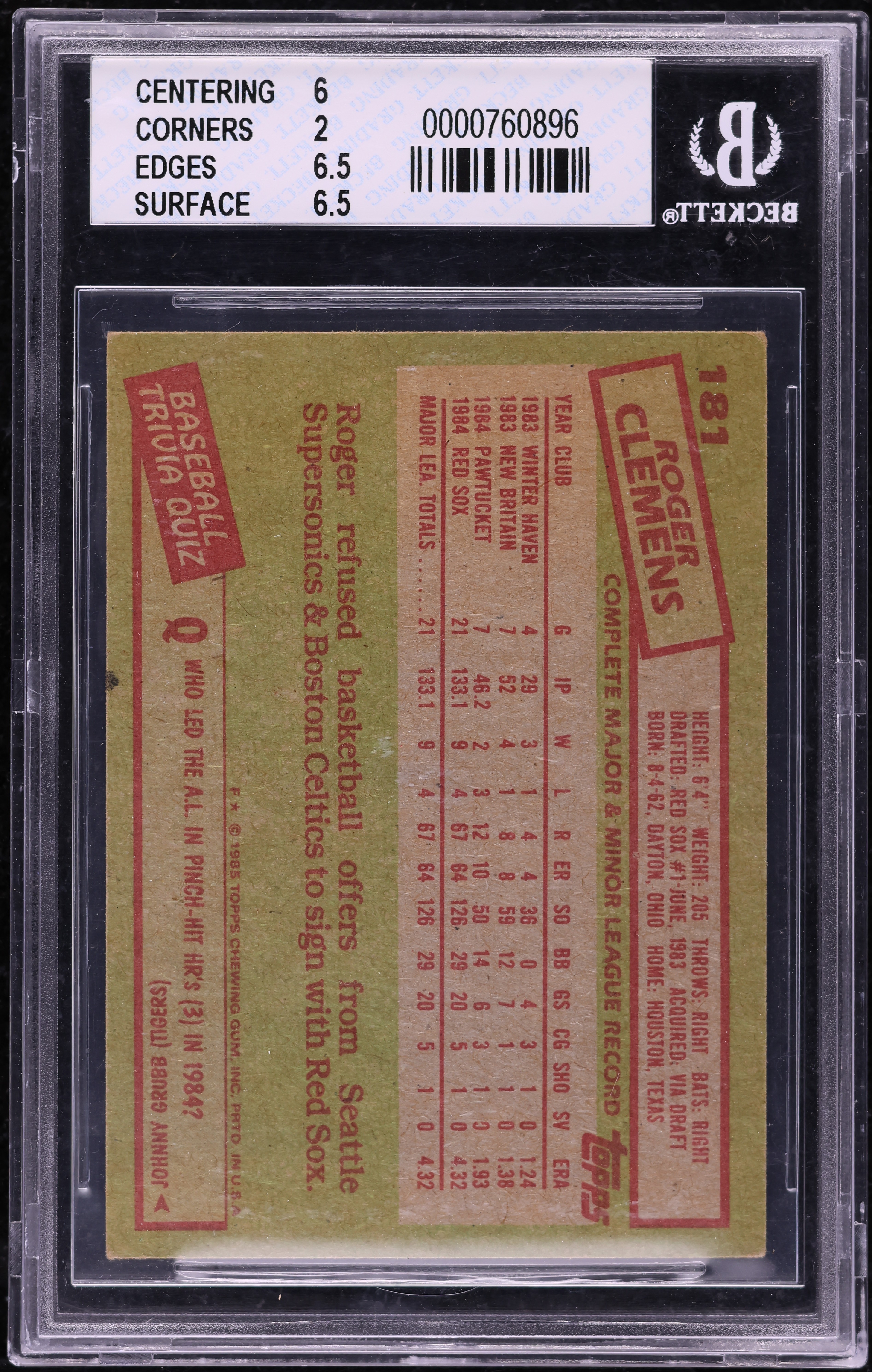1985 Topps Roger Clemens ROOKIE #181 BGS 3 VG on Fanatics Collect
