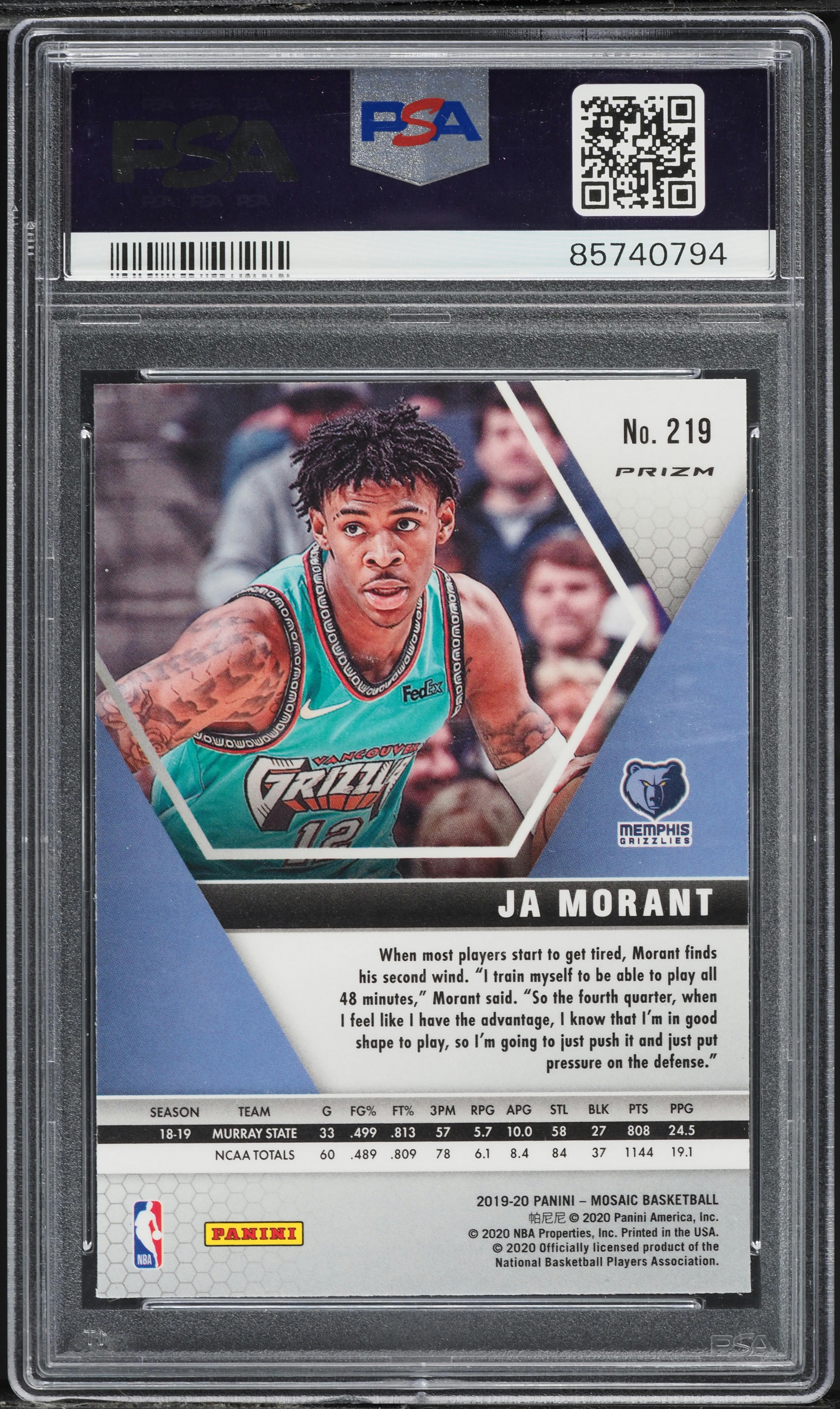 2019 Panini Mosaic Green Ja Morant ROOKIE #219 PSA 9 MINT on