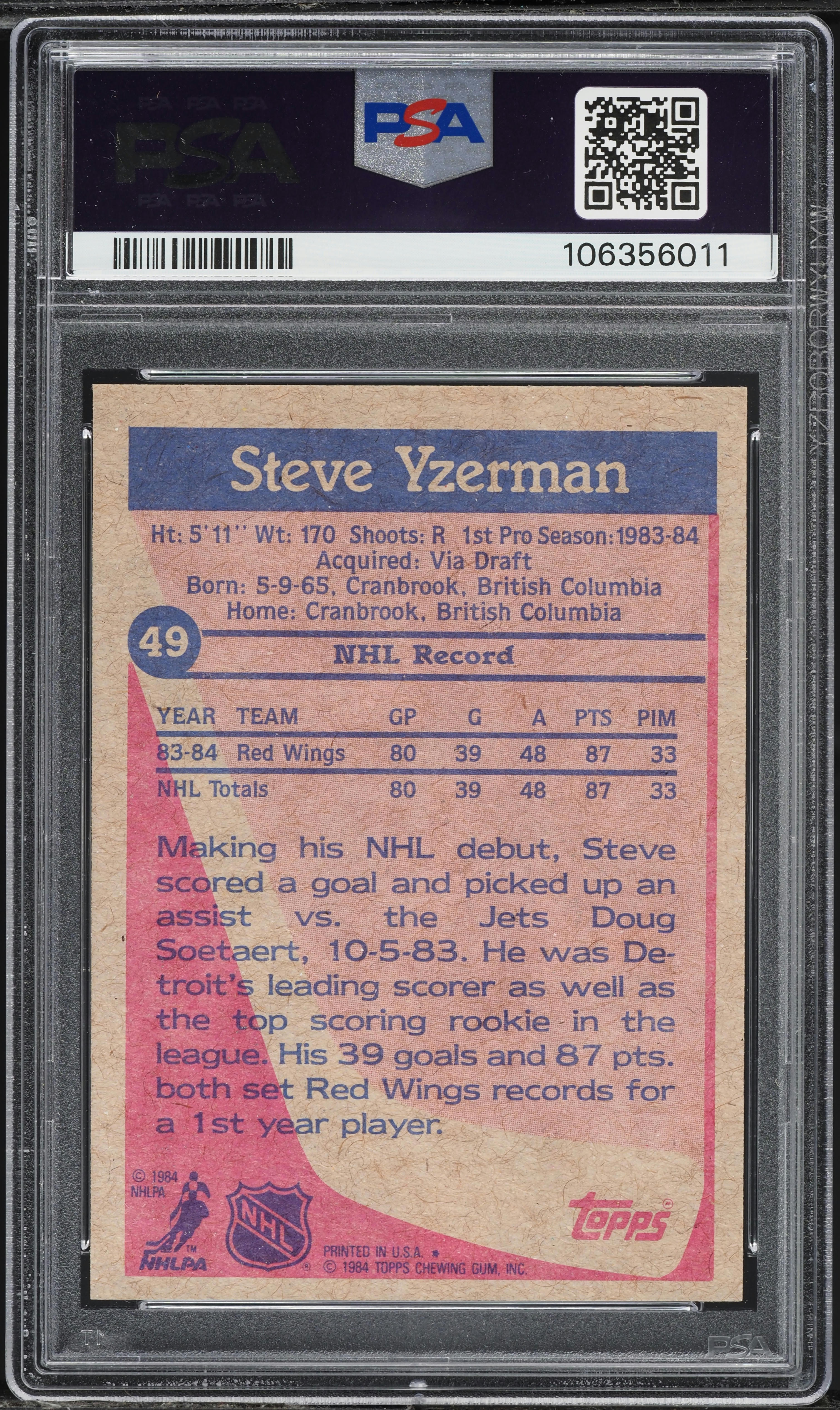 1984 Topps Hockey Steve Yzerman #49 PSA 7 NRMT on Fanatics Collect