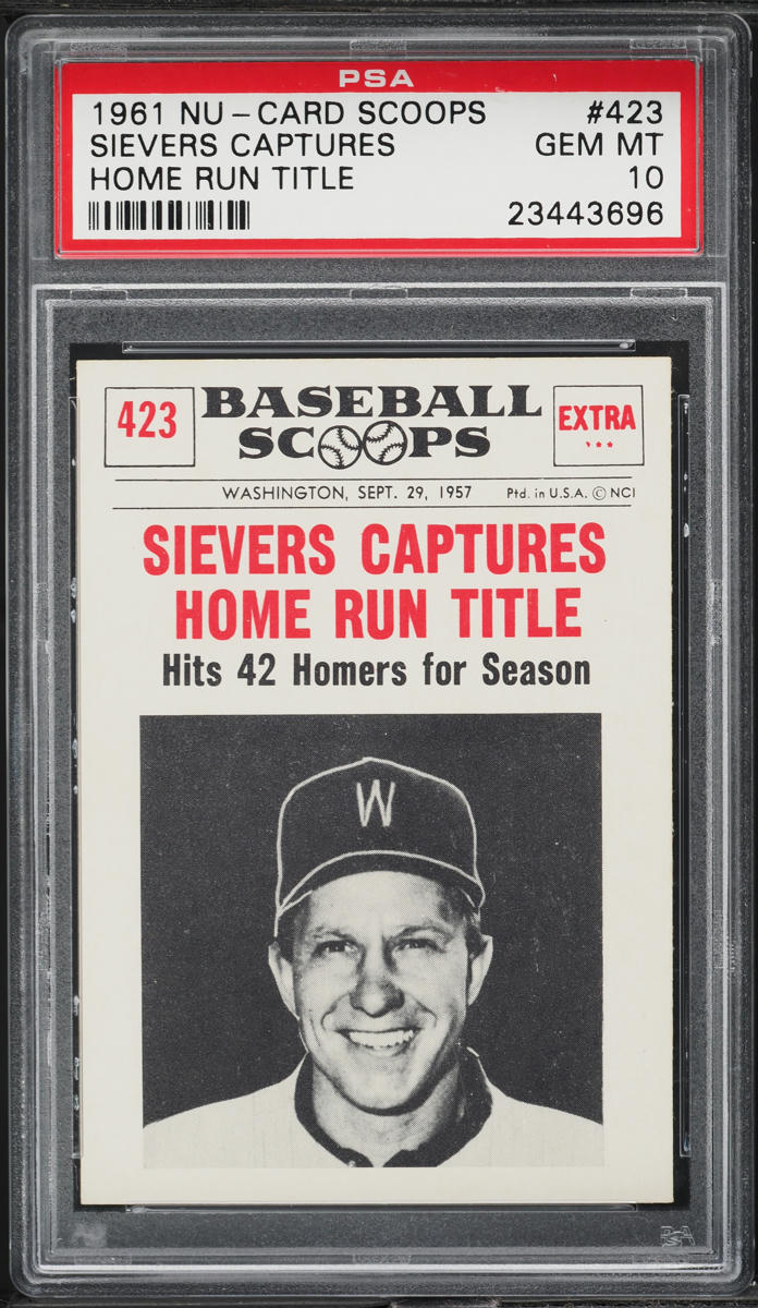 1961 Nu-Card Scoops Sievers Captures HOME RUN TITLE #423 PSA 10 GEM MINT