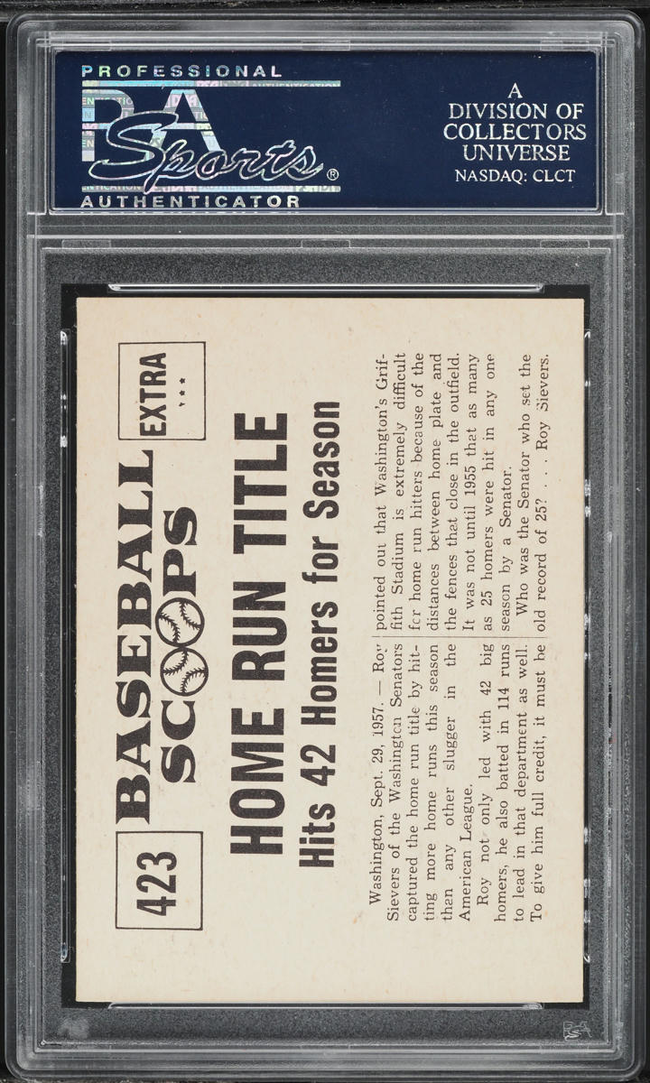 1961 Nu-Card Scoops Sievers Captures HOME RUN TITLE #423 PSA 10 GEM MINT