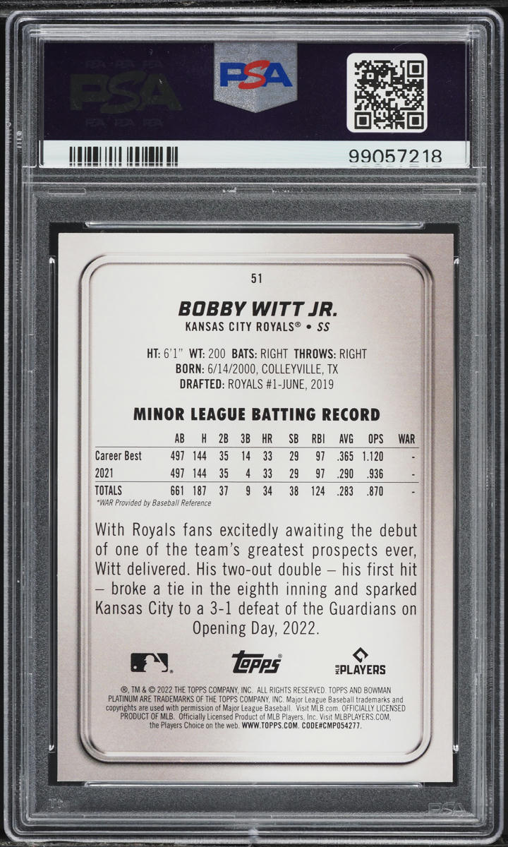 2022 Bowman Platinum Bobby Witt Jr. ROOKIE #51 PSA 10 GEM MINT