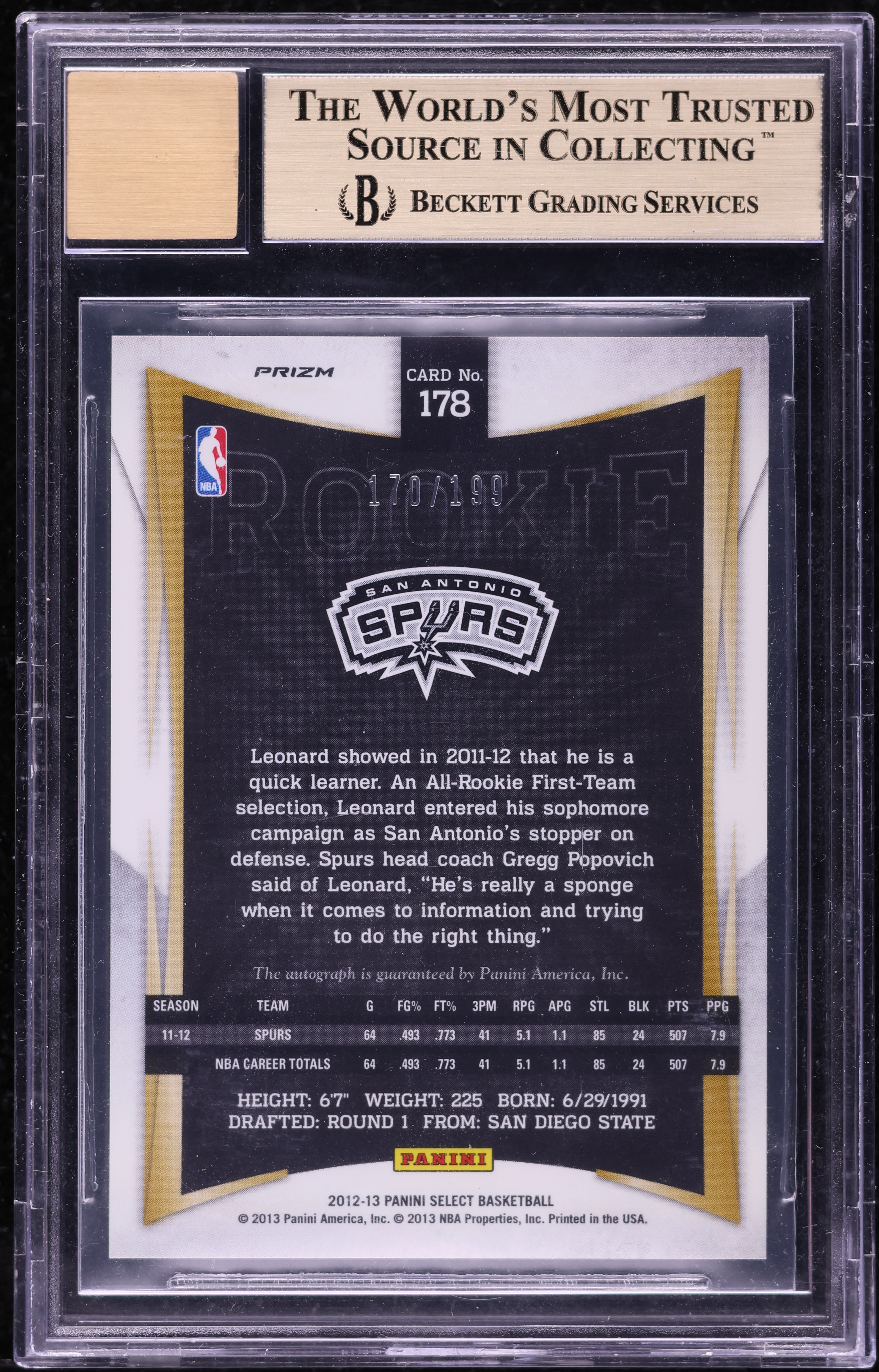2012 Select Silver Prizm Kawhi Leonard ROOKIE AUTO /199 #178 BGS