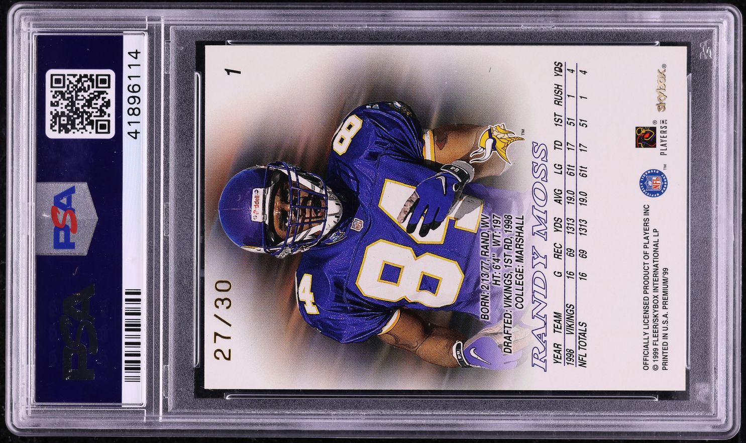 1999 Skybox Premium Shining Star Rubies Randy Moss /30 #1 PSA 8 NM-MT