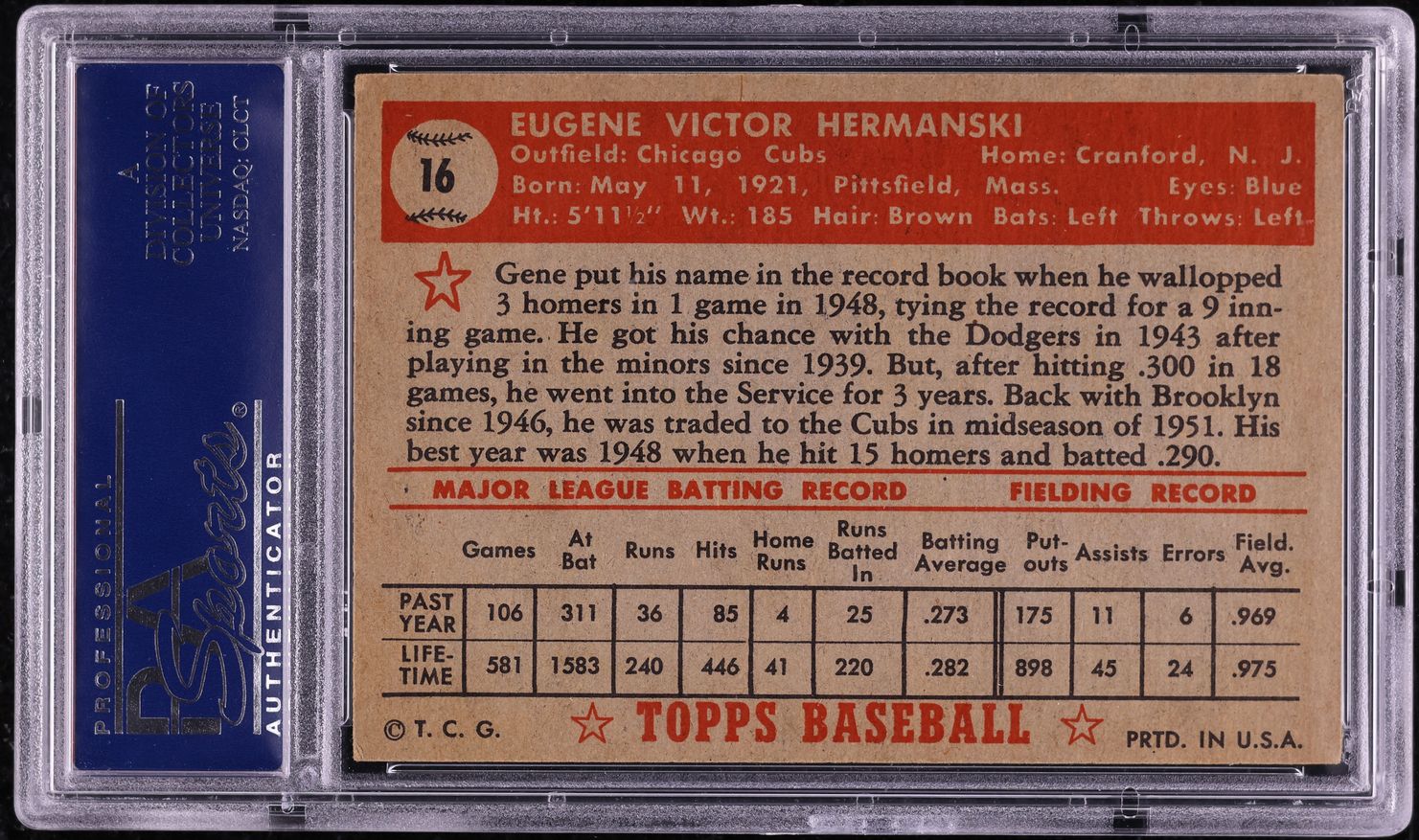 1952 Topps Gene Hermanski #16 PSA 5 EX