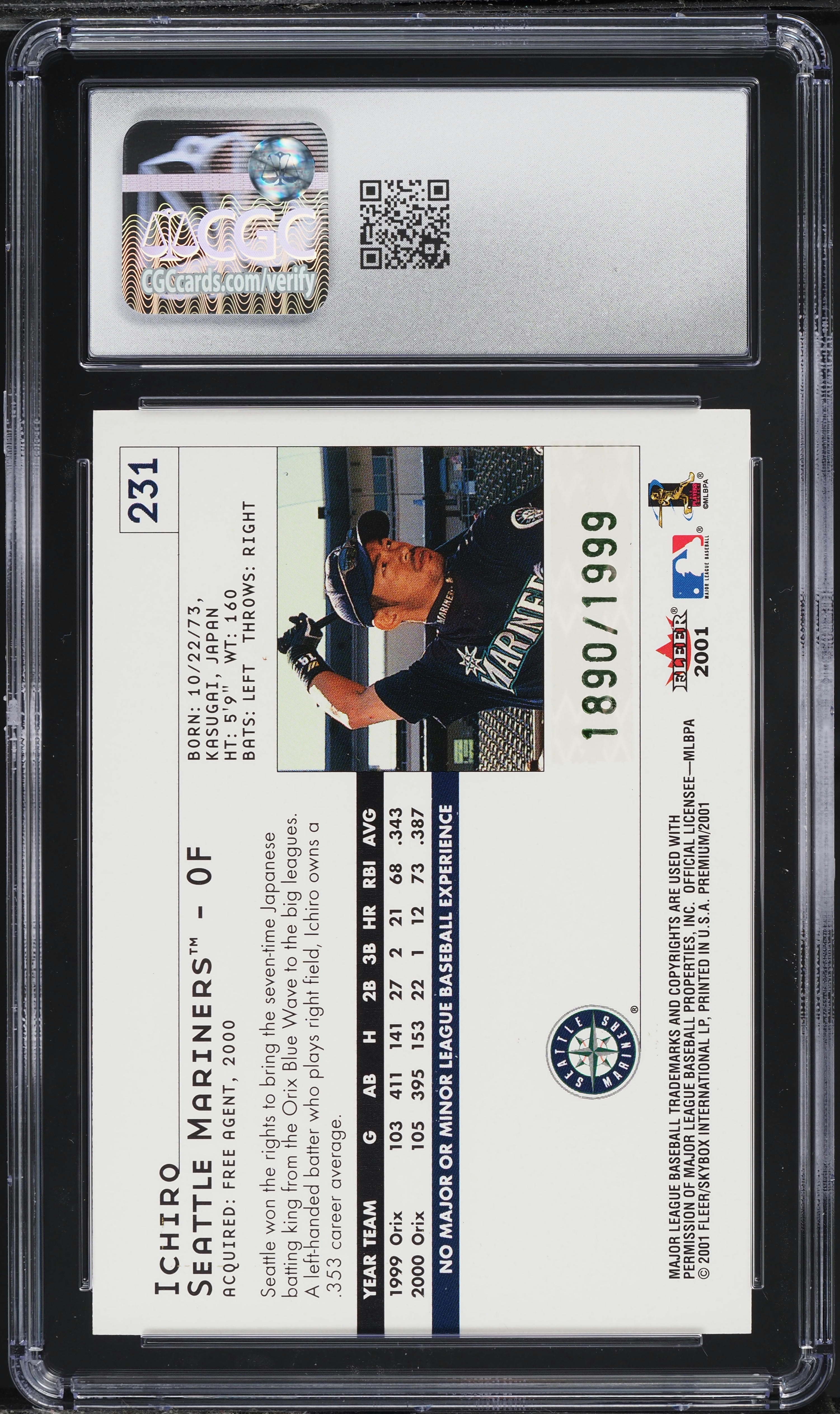 2001 Fleer Premium Ichiro Suzuki ROOKIE /1999 #231 CGC 8 NM-MT on