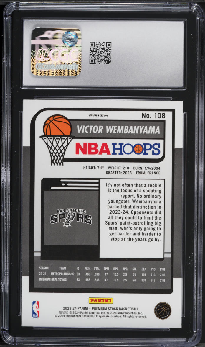 2023 Panini Premium Stock Ice Victor Wembanyama ROOKIE #108 CGC 10 GEM MINT