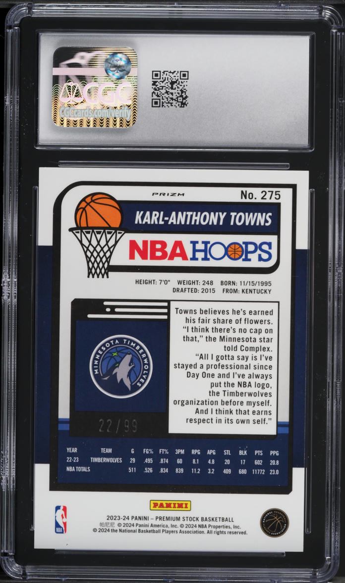 2023 Hoops Premium Stock Blue Ice Karl-Anthony Towns /99 #275 CGC 10 GEM MINT