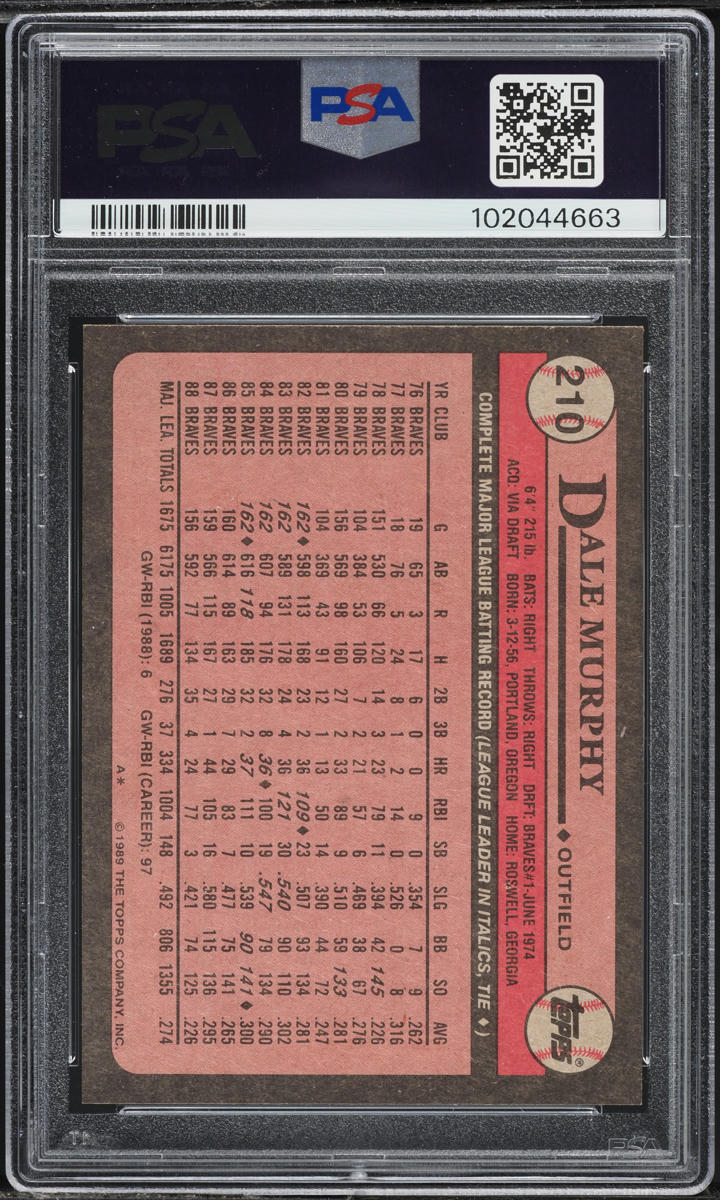 1989 Topps Dale Murphy #210 PSA 10 GEM MINT