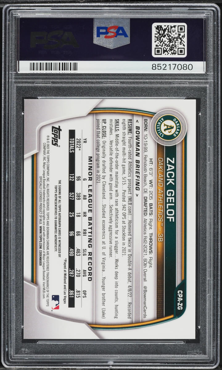 2023 Bowman Chrome Prospect Green Zack Gelof AUTO /99 #CPAZG PSA 10 GEM MINT