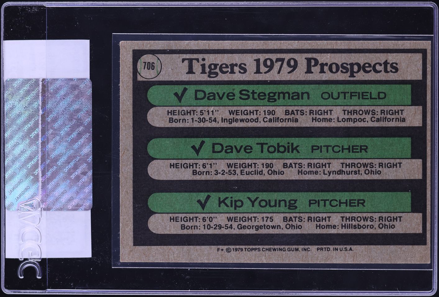 1979 Topps '79 Tigers Prospects Stegman Tobik Young #706 CGC AUTH