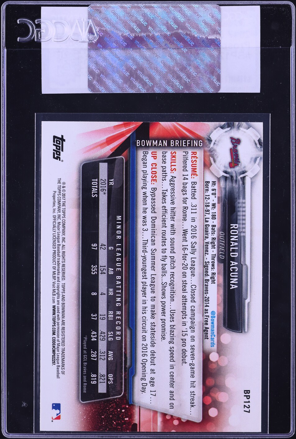 2017 Bowman Ronald Acuna Jr. PROSPECT #BP127 CGC AUTH