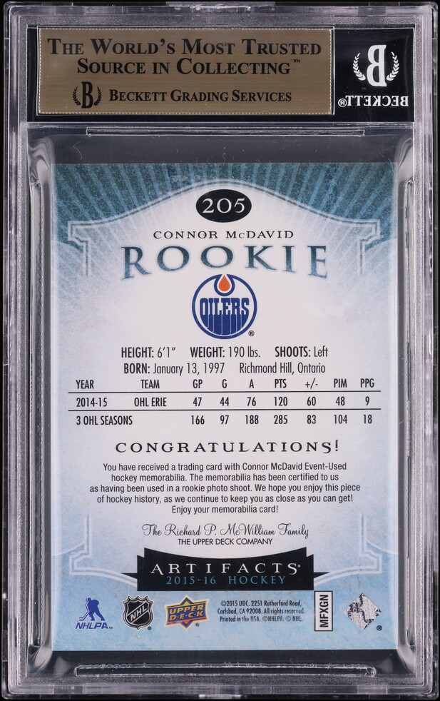 2015 Artifacts Redemptions Spectrum Connor McDavid ROOKIE PATCH /99 #I BGS 9.5