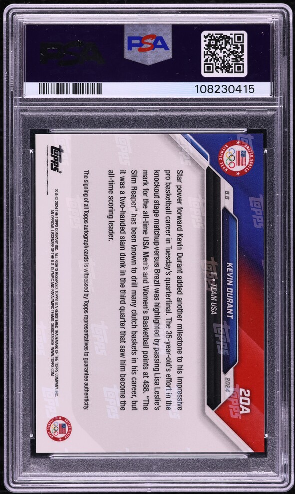 2024 Topps Now Olympics Red Kevin Durant AUTO /10 #20A PSA 10 GEM