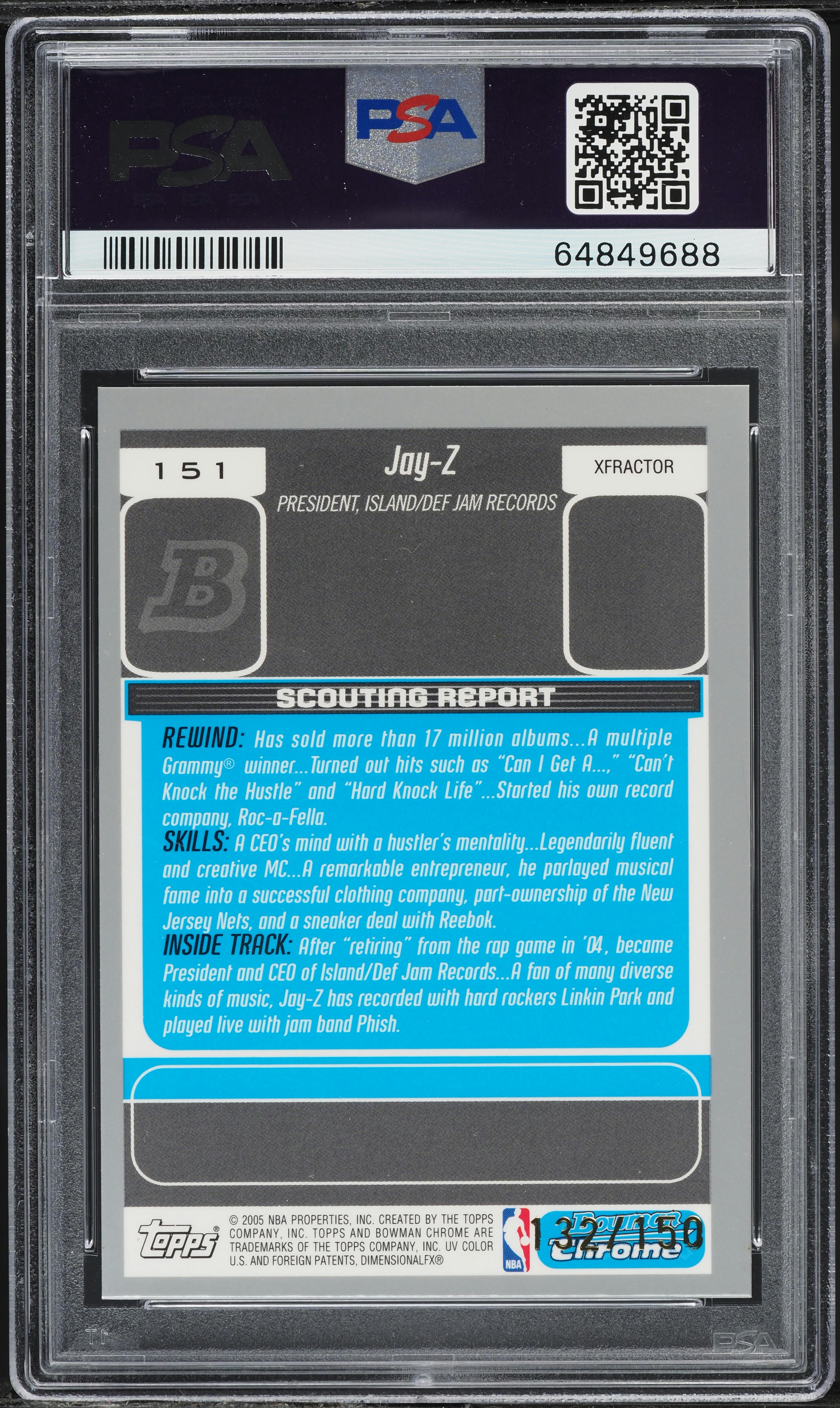 2005 Bowman Chrome Draft Picks & Prospects Xfractor Jay-Z /150