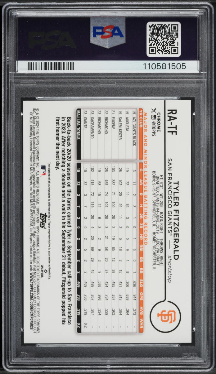 2024 Topps Chrome Blue Raywave Tyler Fitzgerald ROOKIE AUTO /150 #RATF PSA 10